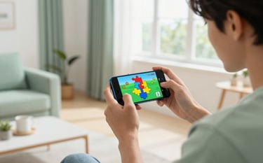A focused young adult playing a colorful 2D puzzle game on a sleek Android smartphone. They are sitting in a bright, airy living room with large windows and soft natural light. International / Global. The scene features light green and off-white accents, reflecting a fresh and user-friendly atmosphere.