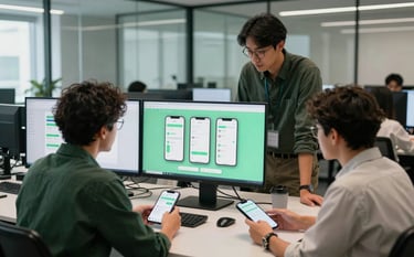 A collaborative team of tech professionals reviewing mobile app interface designs on high-resolution screens in a sleek, glass-walled office. International / Global. The atmosphere is innovative and creative, with a color scheme featuring dark green, light green, and off-white.