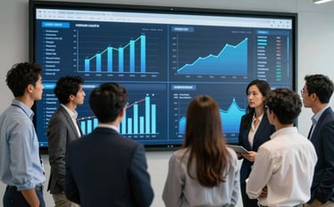 A collaborative team of diverse professionals in an international corporate environment, gathered around a large digital display showcasing data trends, styled with Dark Navy and Royal Blue accents.