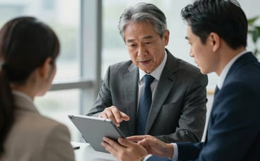 A high-end corporate setting in North America where a senior mentor provides guidance to a learner on a tablet, focusing on professional development and elite networking.