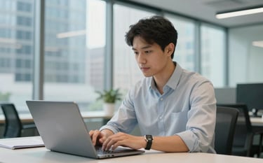 A modern, professional individual working in a bright, glass-walled office in a North American city, using a laptop with subtle Sky Blue and Off-white lighting, conveying a tech-forward educational atmosphere.