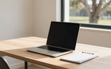 A high-quality photography shot of a clean, modern Australian workspace. A laptop sits on a light tan wooden desk with a white notepad beside it. Natural sunlight streams in from a large window. The background features soft cream walls and a hint of an Australian gum tree outside. Simple and professional atmosphere.