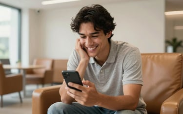 A candid photograph of a happy individual in a bright, modern Australian office lounge. They are holding a smartphone and looking at it with a smile of relief. The setting is warm and welcoming with tan leather seating and cream-colored interior design. Soft, airy lighting.