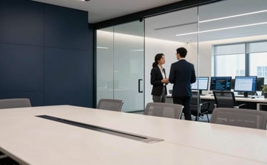 Professional photography of a contemporary North American meeting room with glass walls and dark navy accents. In the background, two people in professional attire discuss a project near a high-tech communication setup. The aesthetic is clean, structured, and reliable. Off-white and slate blue highlights.