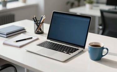 Photography of a bright, modern North American office workspace with a high-end laptop on a clean white desk, surrounded by organized stationery and a steel blue coffee mug. The lighting is natural and crisp, emphasizing a professional and highly efficient atmosphere. Steel blue and off-white color palette.