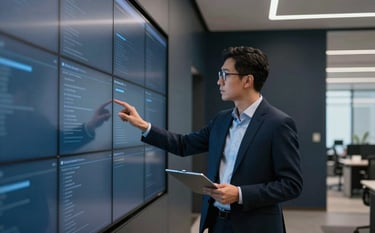 A focused professional in a business-casual North American office environment interacting with a large digital wall display. The scene is shot from a side angle, showing clean lines and modern architecture with dark navy and slate blue accents. The mood is innovative and grounded.