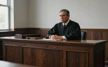 A serious, documentary-style photograph of a North American tribal courtroom bench. The composition is clean and sophisticated with natural light from a side window. The scene features deep charcoal and light gray colors, conveying a sense of reliability and grounded legal authority.