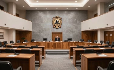 A professional wide-angle interior shot of a North American tribal council hall. The setting features a blend of modern legal architecture with subtle traditional cultural elements integrated into the wood paneling. Grounded atmosphere, lighting is soft and authoritative, emphasizing silver-gray and off-white tones.