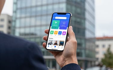 A professional close-up shot of a modern smartphone held by a tech professional in a smart blazer in an Eastern European tech district. The screen shows a vibrant, reliable mobile application interface. The background is a soft-focus glass office building.
