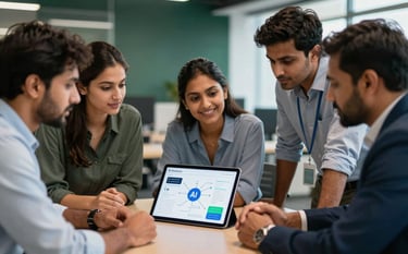 A medium shot of a diverse group of Indian professionals in a collaborative brainstorming session in a Bangalore-style tech office. They are looking at a digital tablet showing AI-driven workflow insights. The mood is empowering. Background has hints of dark green and clean architecture.