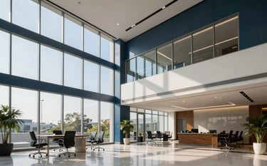 A sleek, professional corporate office lobby in a Gurgaon business park. Modern interior design with muted blue and off-white accents. Large glass windows reflecting a bright, clear sky. South Asian / Indian business environment.