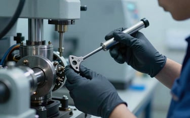 A close-up, detailed shot of a professional technician cleaning complex industrial machinery using specialized tools. The image conveys precision and technical expertise. Lighting is crisp and cold, featuring colors like #2C3E50 and #B0C4DE to reinforce the industrial aesthetic.