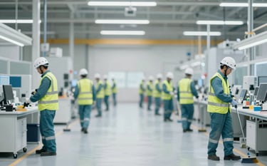 A wide shot showing a professional team from Macroclean in full industrial safety gear (helmets, high-vis vests) performing a deep cleaning operation in a large, modern factory. The composition is symmetrical and organized, using tones of #F2F4F7 and #5D7A8F to convey efficiency and reliability.