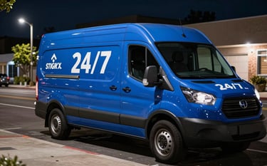 A branded service van with Royal Blue detailing parked on a quiet North American / US street at night, with streetlights casting a soft glow. The mood is dependable and urgent, reflecting 24/7 reliability.