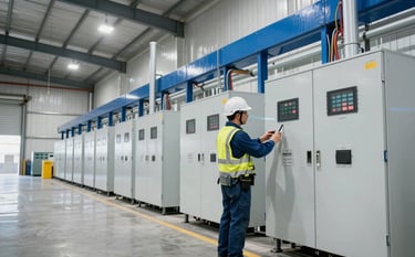 A wide-angle shot of an electrician inspecting power distribution systems in a large North American / US commercial warehouse. The lighting is crisp and modern, featuring Royal Blue accents and Pearl White industrial architecture.