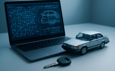 A high-tech composition featuring a laptop screen showing complex data nodes and automotive schematics, sitting on a desk next to a classic Saab 900 ignition key and a scale model of a 900 Turbo. The lighting is crisp and modern, utilizing Soft Powder Blue and Arctic White tones.