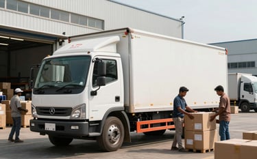 An action photograph of a large, clean delivery truck with professional branding parked outside a busy modern warehouse in an industrial part of Mumbai. South Asian logistics workers are efficiently loading heavy crates and e-commerce boxes during the daytime.