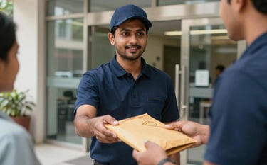A close-up photograph of a professional South Asian courier in a navy blue uniform handing a secure document envelope to a customer at a modern office entrance in a bright Indian city. The lighting is crisp and natural, highlighting the efficiency and reliability of the service.