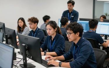 A collaborative team of diverse tech experts in a vibrant North American / US startup hub, working together in front of large monitors. The atmosphere is focused and professional, with a color palette featuring professional navy blue and clean ice white, captured in a sharp, cinematic style.