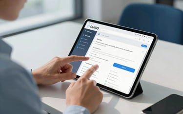 A close-up of a modern professional in a sleek North American / US office environment, interacting with a tablet that shows a clean, high-performance app interface. The lighting is bright and natural, reflecting a sense of innovation and clarity, with accents of soft sky blue and deep midnight blue in the decor.