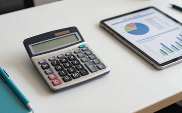 A high-angle shot of a clean, organized desk in a South American / Brazilian corporate setting, featuring a calculator, a tablet with financial charts, and teal blue stationery.