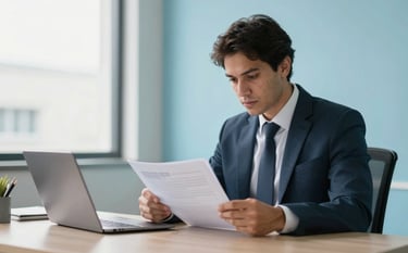 A professional Brazilian accountant in a bright modern office with light blue accents, reviewing physical documents next to a sleek laptop, soft natural lighting, reflecting trust and stability.