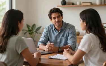 A warm, professional consultation between an advisor and a family in a South American / Brazilian home office setting, focusing on long-term stability and care.