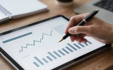 Close-up of a professional desk setup featuring a digital tablet with financial growth charts and a fountain pen. The aesthetic is corporate and trustworthy, using a palette of #263238 and #B0BEC5 with soft lighting.
