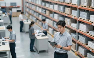 A high-angle professional photograph of a modern, organized distribution center with sleek shelving and logistics staff using tablets. The lighting is crisp and cool, incorporating tones of #546E7A and #ECEFF1 to convey efficiency and strategic precision.