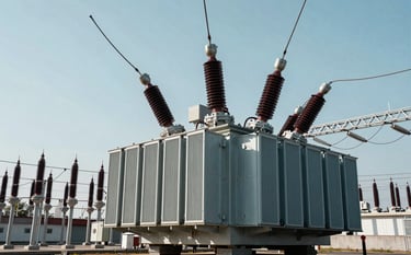 A high-angle professional photograph of a massive electrical substation featuring large transformers and high-voltage ceramic insulators. The sky is a clear pale soft blue. The equipment has clean, metallic surfaces with deep navy blue shadows. The composition is minimalist and technical, highlighting industrial precision.