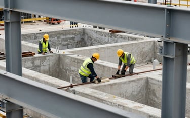 A wide shot of a high-end industrial construction site. Skilled workers in full safety gear, including golden yellow helmets and vests, work on massive concrete foundations. The scene is clean and organized, emphasizing safety and technical authority. Muted slate grey steel beams frame the composition.