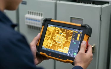 Close-up of a technical diagnostic tool held by a professional in a deep navy blue uniform. The screen shows a golden yellow thermal map of an electrical panel. The lighting is focused and professional, highlighting a high-tech, diagnostic atmosphere.