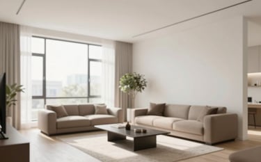 A bright and airy high-end apartment interior. Clean white walls (#F8F4EC) and sophisticated minimalist furniture in taupe (#8C7E6A). Soft sunlight streams through large windows. The mood is trustworthy and premium, showcasing high-standard property management.