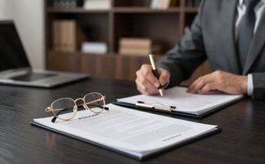 A professional consultation scene in a luxury office. A dark wood table (#2A2A2A) with gold-rimmed glasses and real estate documents. Background features a bookshelf in #8C7E6A. Soft, sophisticated lighting, conveying trust and expertise.