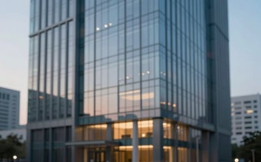 A sleek commercial office building in Haryana with a modern glass facade. Trustworthy and professional mood, indicating stability and growth. Evening lighting with a warm interior glow. Accentuated with Muted Blue (#4B6A7F) tones.