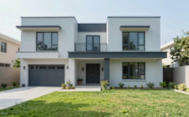 Modern residential villa in Faridabad with a lush green lawn. Professional, trustworthy mood. Bright daylight. Palette incorporates subtle Light Blue-Grey (#B1C6D8) exterior accents and Dark Navy (#0A1F2F) trims.