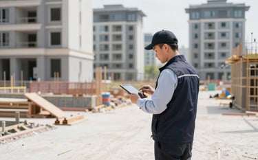 A wide-angle shot of a bright, modern residential construction site under supervision. A professional supervisor in a dark charcoal blue vest is checking details against a digital tablet. The scene is orderly and clean, highlighting professionalism and project control.
