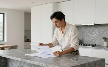 A high-end, bright residential interior featuring clean lines and a minimalist aesthetic. A professional consultant in a soft off-white shirt is reviewing architectural plans with a homeowner on a modern grey-blue stone kitchen island. The lighting is soft and natural, emphasizing a professional yet approachable atmosphere.