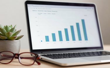 A close-up photograph of a laptop screen displaying clean analytics charts in a bright, modern studio. In the foreground, a succulent plant and a pair of designer glasses sit on a light wood surface. Colors: Crisp Parchment and Deep Ripe Crimson highlights.