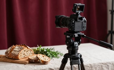 Authentic behind-the-scenes shot of a creative workspace. A professional camera is mounted on a tripod, pointing toward a beautiful table setting with artisan bread and fresh herbs. The atmosphere is warm and elegant, incorporating Deep Ripe Crimson tones in the background textiles.