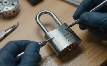 A detailed close-up of a silver mechanical lock being repaired with specialized locksmith tools on a wooden workbench, soft cinematic lighting, professional silver and dark blue tones.