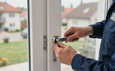 A professional locksmith wearing a dark blue uniform working on a modern white UPVC residential door lock in a suburban Northern European setting, daylight, close-up focus on hands and silver lock hardware, clean and efficient atmosphere.