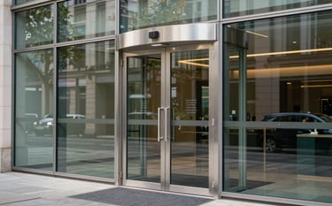 The modern glass entrance of a British commercial building featuring high-security silver hardware, reflecting a professional and secure atmosphere in a Northern European city, soft natural lighting.