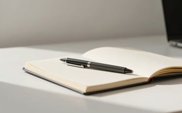 A high-quality editorial photograph of a minimalist workspace in a North American / European studio. A sleek dark slate pen lies on a warm beige open notebook. Soft morning light creates gentle shadows against a soft off-white wall. The composition is clean and calm.