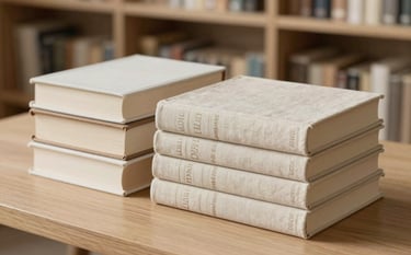 A collection of linen-bound books stacked neatly on a light oak table in a modern North American / European library. Soft off-white and warm beige tones dominate. The lighting is diffuse and editorial, emphasizing the texture of the book covers.