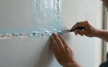 Close-up of a skilled worker's hands applying smooth joint compound to a drywall seam in a North American / US residential room. The finish is flawlessly smooth, reflecting a soft steel blue and light gray-blue palette.