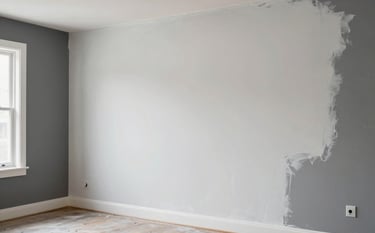 A clean North American / US interior living room showing a wall undergoing professional skim coating. The lighting is bright and airy, with dark slate gray accents in the room's decor.
