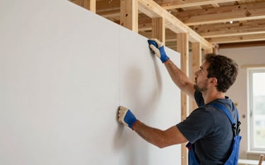 A professional tradesperson in a modern North American / US home under construction, precisely aligning a large drywall sheet against wooden studs. The scene is bright and clean, featuring soft off-white light and steel blue tools.