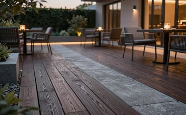 An elegant outdoor terrace at twilight with stamped concrete mimicking dark hardwood planks (#2E3A3A). Modern garden furniture, warm hidden LED lighting, and a professional, cozy atmosphere. The craftsmanship is evident in the realistic wood grain texture stamped into the concrete.