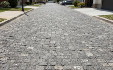A wide, professional driveway and parking area made of stamped concrete mimicking old European cobblestones. The finish is durable and clean, incorporating #5F746C tones. The composition is a wide-angle shot showing the scale and reliability of the installation under bright daylight.
